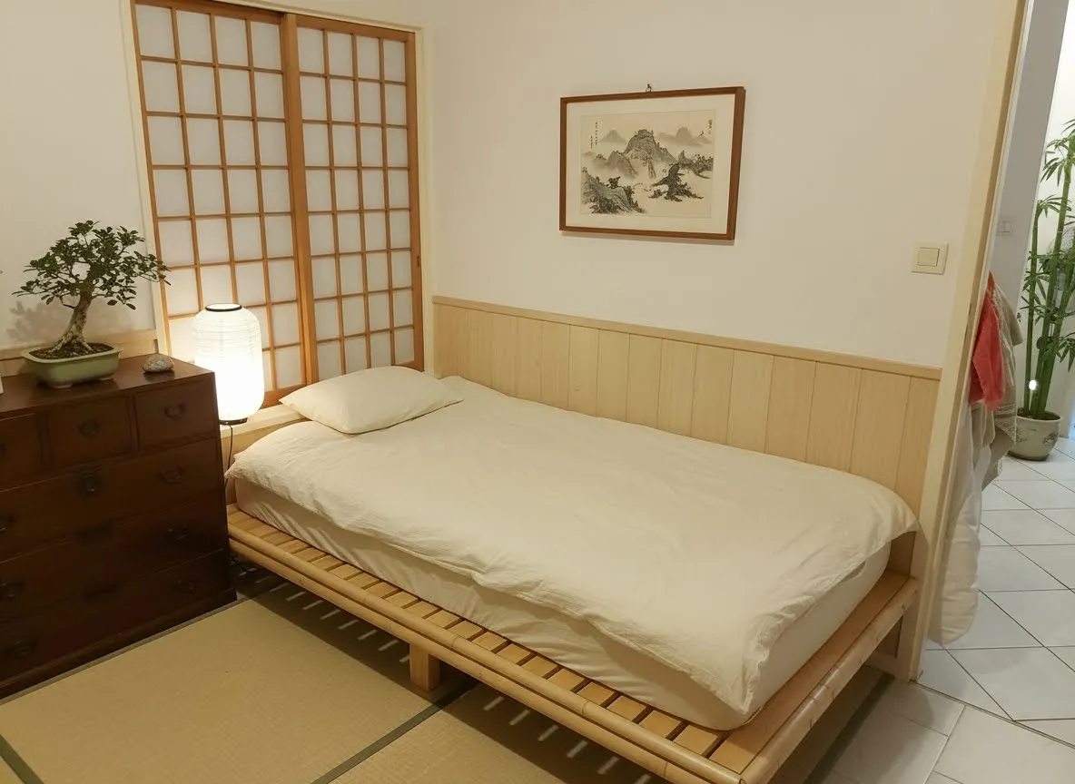 La même chambre après : style japonais, tatamis, shoji et commode en bois