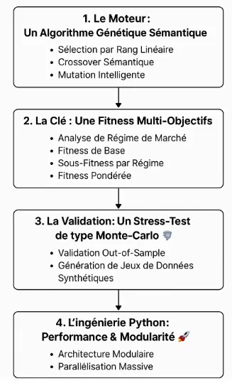 Schéma des quatre briques : algorithme génétique, fitness multi-objectifs, stress-test Monte-Carlo, ingénierie Python